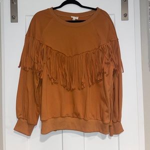 Orange fringe crew neck sweater